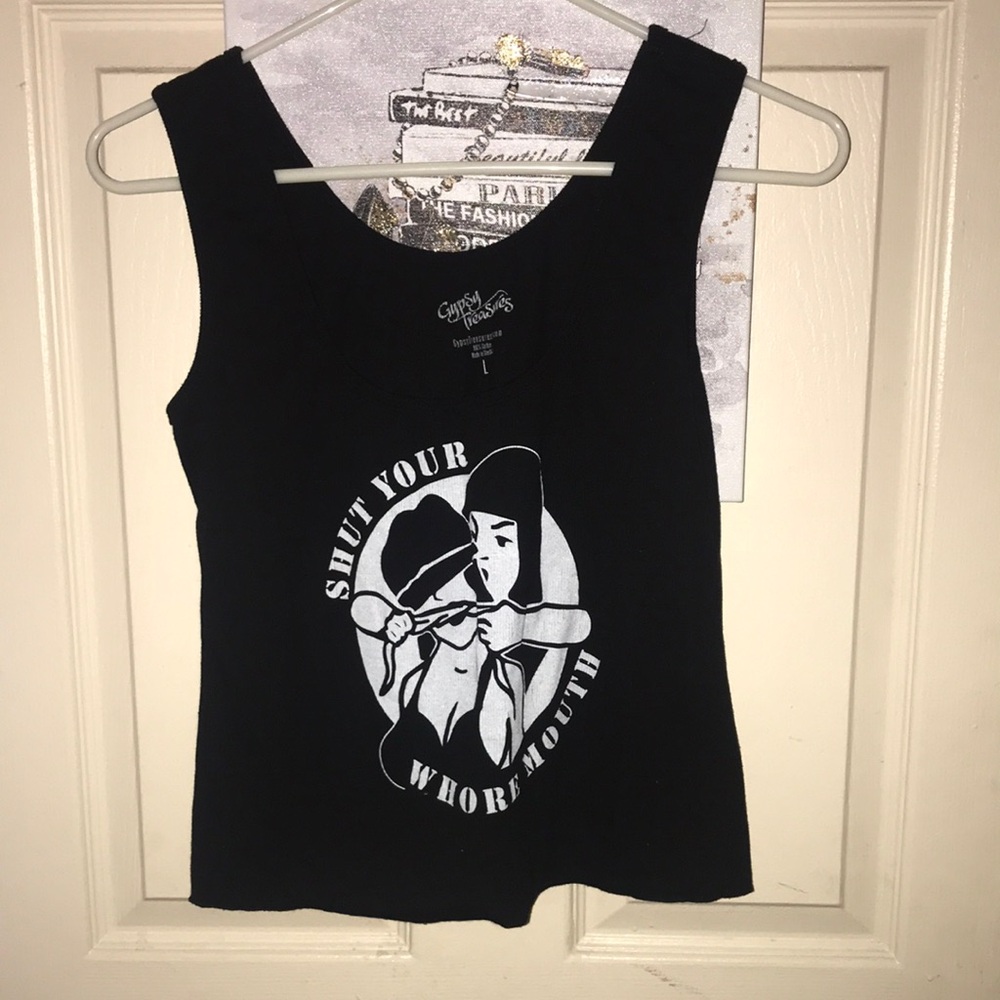 Gypsy Treasures Size Large Black Cropped Ribbed Tank “Shut your wh$@e mouth”